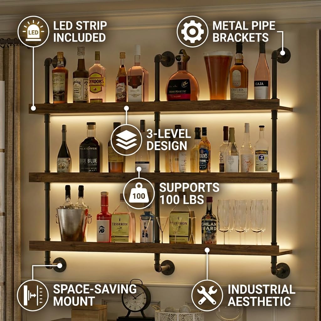 رف نبيذ معلق على الحائط مع إضا - مراجعة Home Bar Shelves وسعره